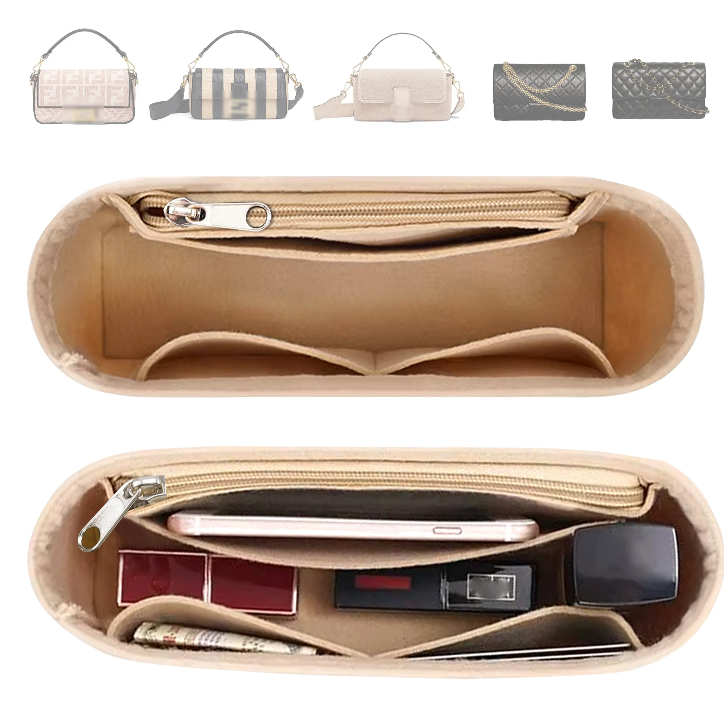 Inserto organizer per borsa in feltro con cerniera – Custodia interna per borse a tracolla, borse e borsette, borsa portaoggetti da donna, 3 dimensioni