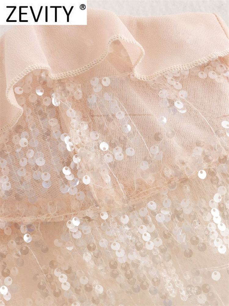 Zevity 2024 Women Chic Pleat Ruffles Sequined Design Chiffon Sling Camis Tank Lady Backless Short Crop Shirt Blouse Tops LS7195
