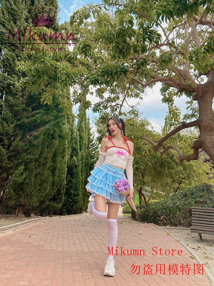 Mikumy กางเกงฟักทองฮาราจูกุสีฟ้ามีระบายสำหรับผู้หญิงกางเกงขาสั้นเพื่อความปลอดภัยของโลลิต้าผูกโบว์ลูกไม้น่ารักสำหรับแนววิคตอเรียวินเทจบลูมเมอร์