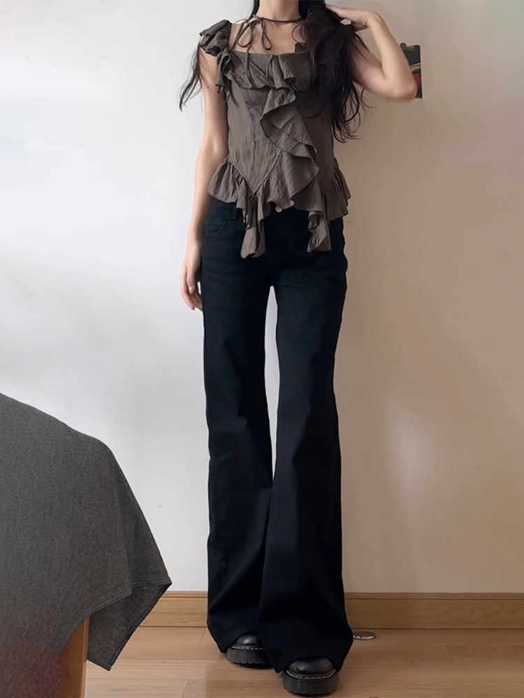 女性の低層フレアデニムパンツ、ベルボトムパンツ、kpop grungeスタイリッシュ、日本原宿、ブラックy2kジーンズ、2000s kpop