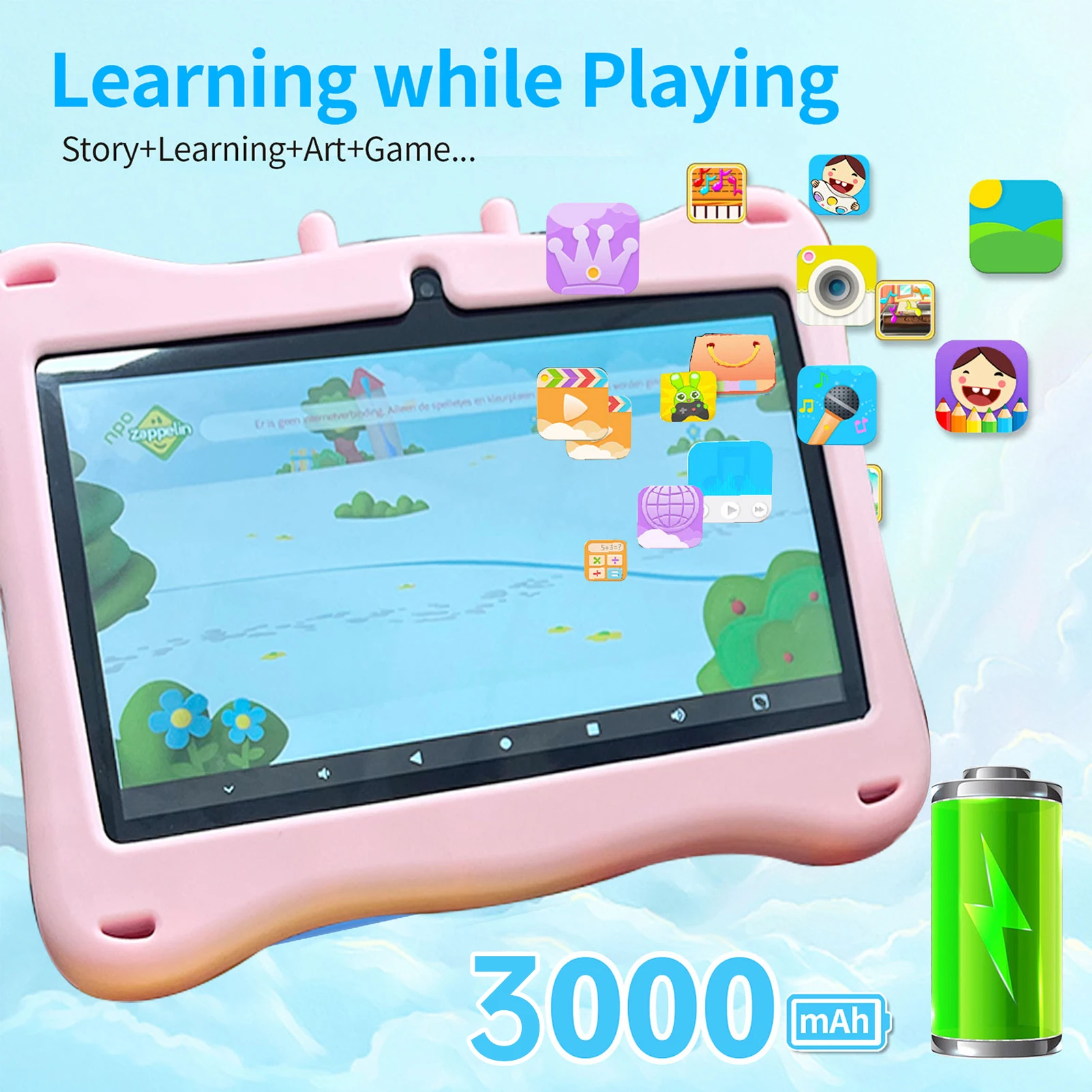 Kinder-Tablet, 7-Zoll-HD-Bildschirm für Android 7.0, Speicher 1+16G und Dual-Kamera, 200 W, frühe pädagogische Lernmaschine für