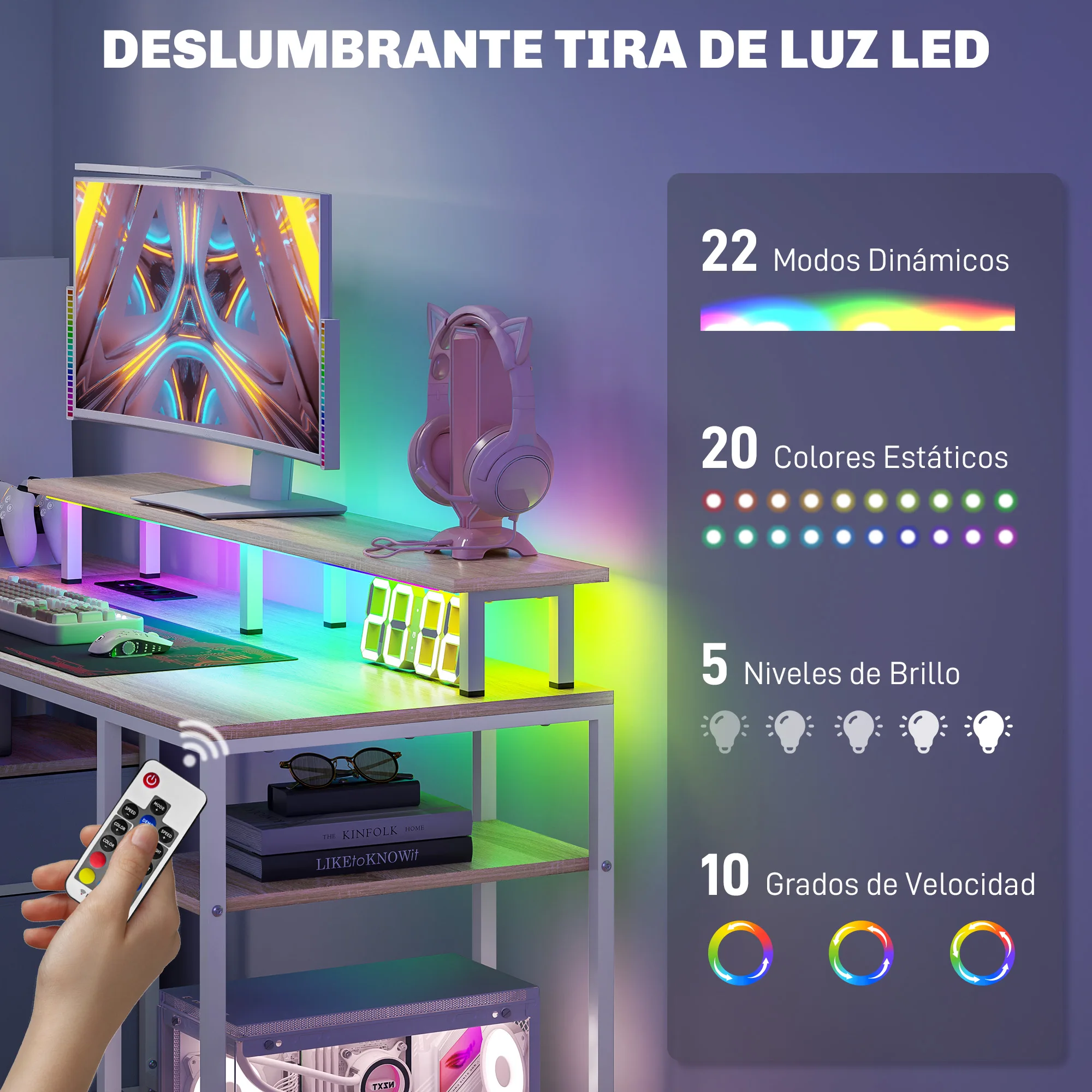 Mesa de escritório HOMCOM com prateleiras de luzes LED 155,5x48x75,5 cm Natural