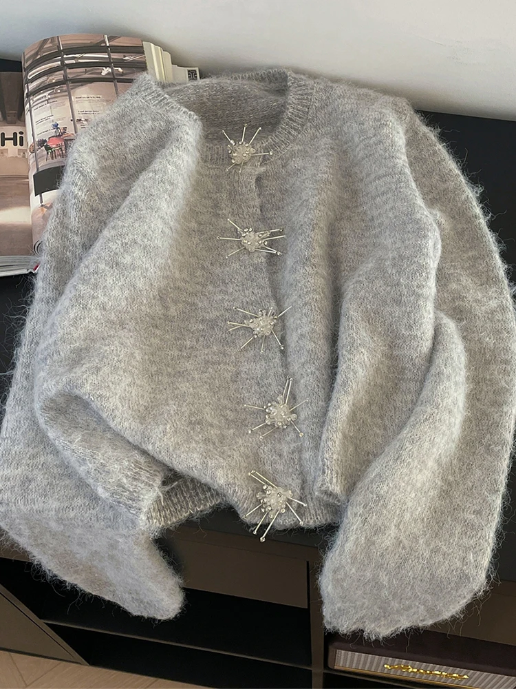 Otoño Invierno mujer coreano Vintage Mori chica Mohair Cardigan suéter Mori Girl Jumper Color sólido manga larga prendas de punto 2000s