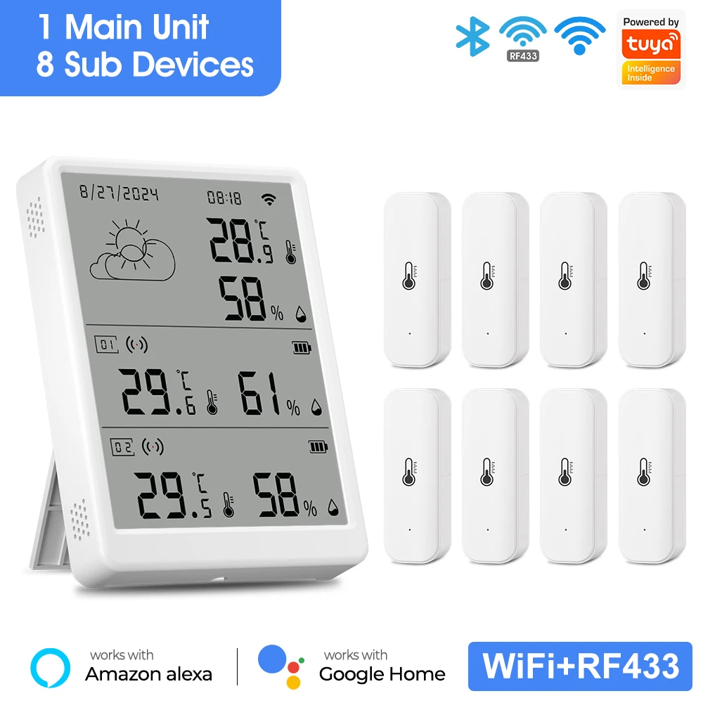 Tuya Wi-Fi метеостанция цифровой термометр комнатный гигрометр RF433 Крытый и открытый датчик температуры влажности настольные настенные часы