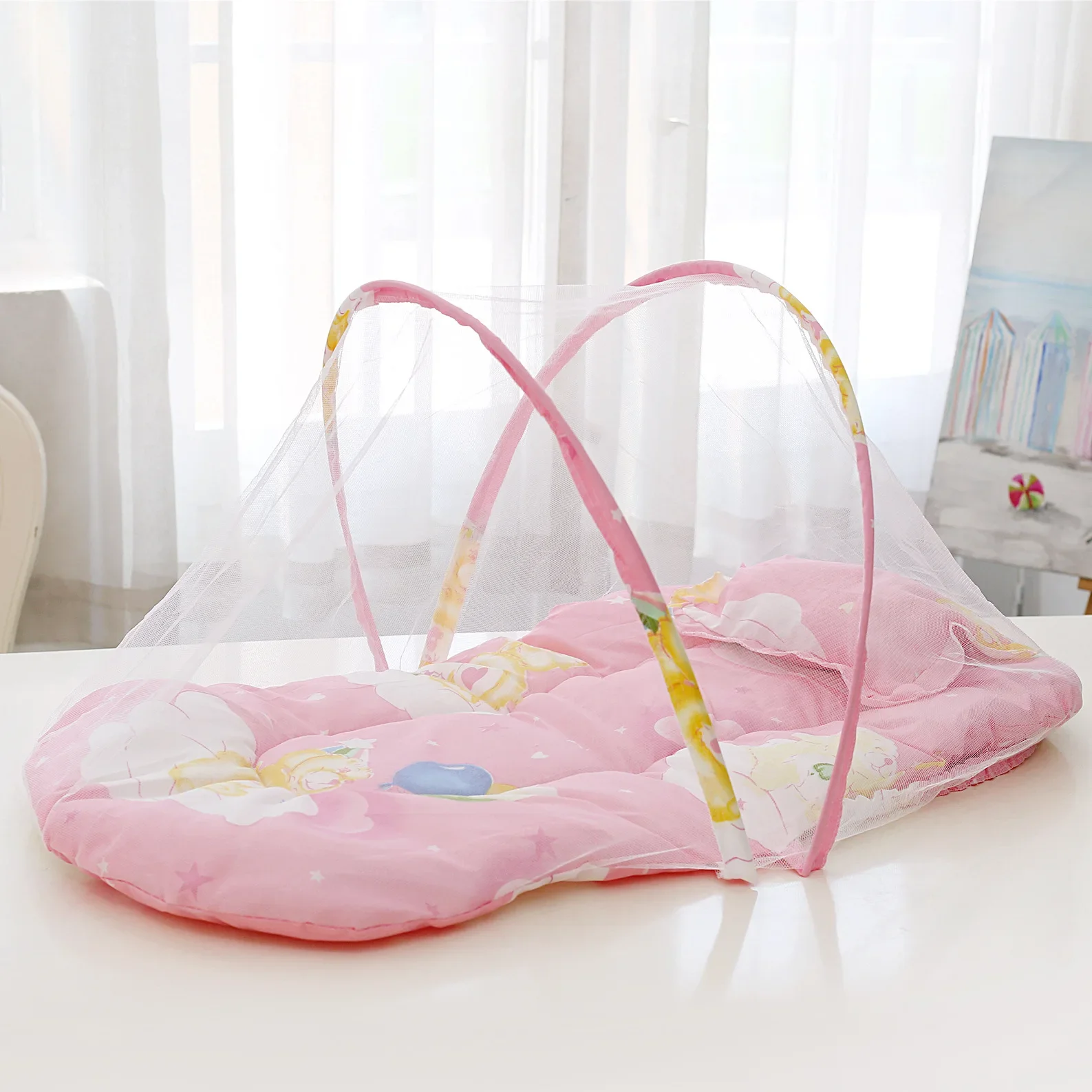 Cama de bebê dobrável portátil Mosquito Net, Berço de poliéster com travesseiro e acolchoamento de algodão, Fácil instalação