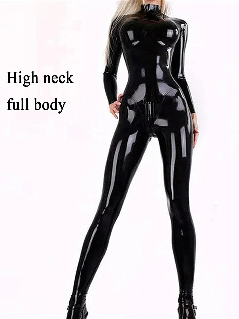 เงา PVC Latex Catsuit สําหรับผู้หญิงเปิดเป้ายางแขนยาว Wetlook เครื่องราง Jumpsuits สีดําสีแดง