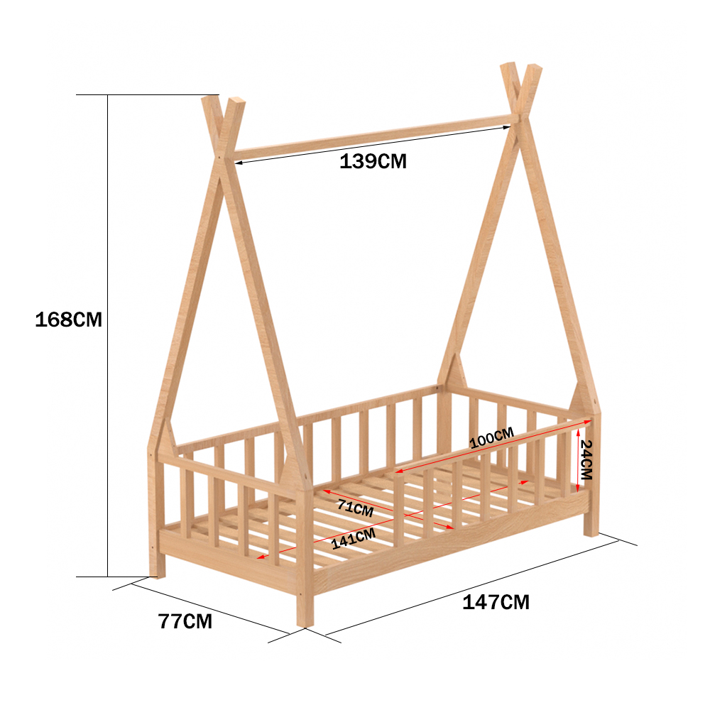 Kid's Premium Pine Wood House Bed Frame with Fence,148cm W x 76cm D x 168cm H