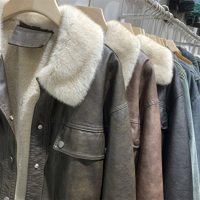 Women's Winter Fleece Lined Genuine Leather Jacket Motorcycle Sle Short Coat Rabbit Fur Inner Warm Commuter Straight Cut Top