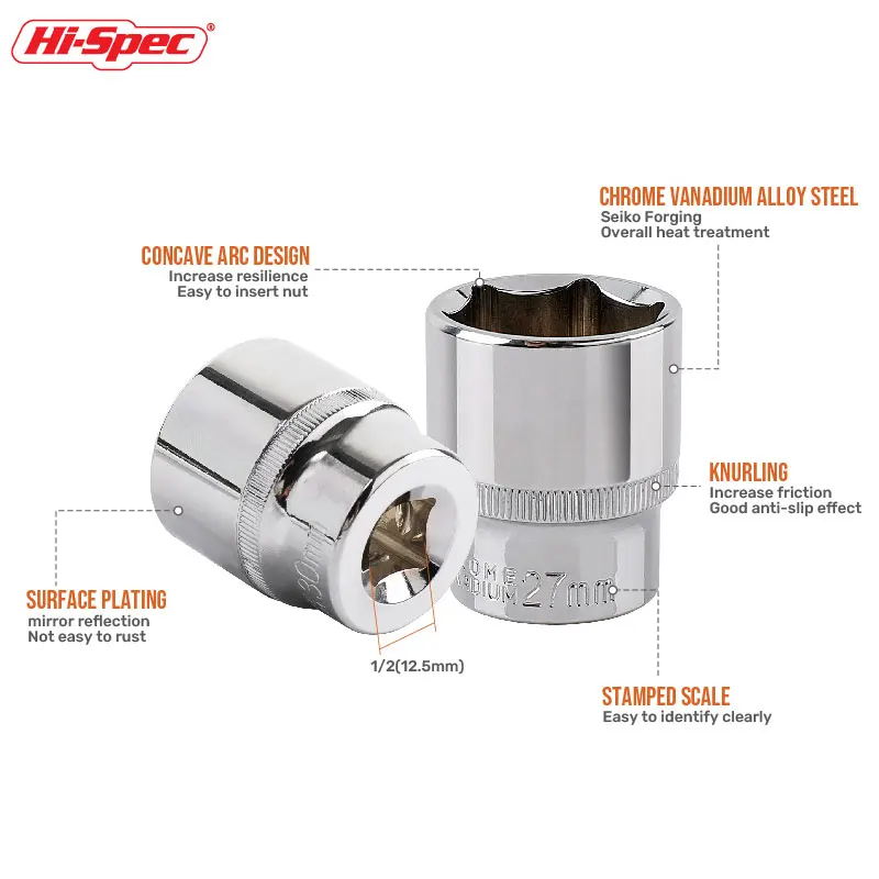 Hi-Spec 8-36mm 1/2" Drive Deep Impact Socket Set CR-V Steel Ratchet Wrench Socket Hex Sockets Nut Removal Hand Tools Sockets Set