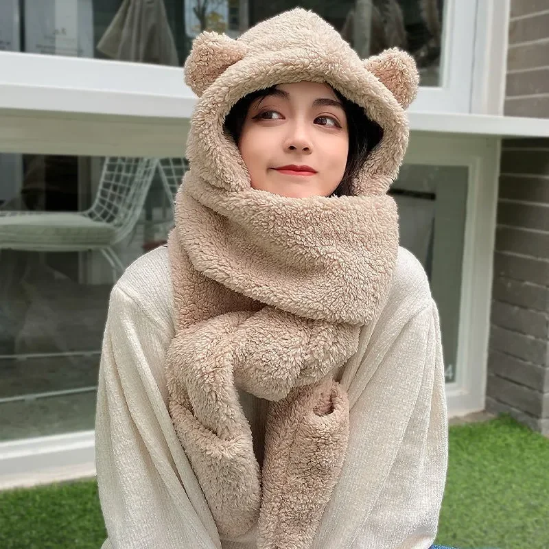 Mode Winter Frauen Neuheit Beanies Caps Warme Bär Ohr Hut Casual Plüsch Hut Schal Set Casual Solide Frauen Caps Präsentieren