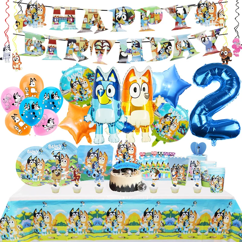 Bluey decoración de fiesta de cumpleaños globo de látex de aluminio para niños suministros para eventos perro azul vajilla desechable Banner telón de fondo máscara