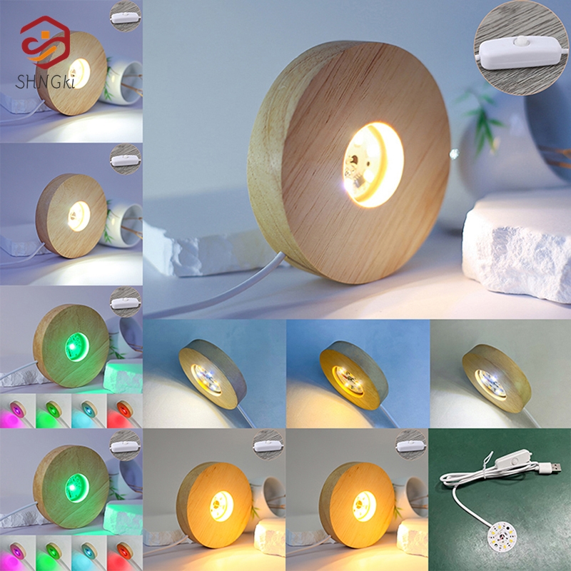 Base de lámpara de madera 3D, luz nocturna cálida redonda USB, soporte de pantalla LED para Esfera de cristal, accesorios de iluminación DIY, 100mm