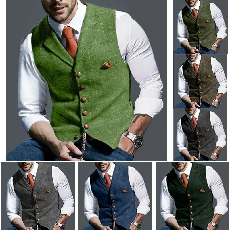 Herren Casual Classic Anzugweste Retro Herringbone Revers Baumwollmischung Tweed Slim Business Pendleranzug Gefütterte Weste S-3XL