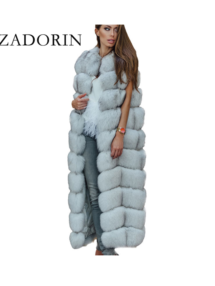 ZADORIN 110 cm Super Lange Luxe Vrouwen Faux Vossenbont Vest Harige Zachte Bont Jas Dikke Warme Vintage Vrouw jassen Winter Streetwears