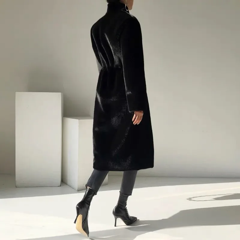 ผู้หญิงฤดูใบไม้ร่วงฤดูหนาวตุ๊กตาสีดําแขนยาวหลวมเสื้อสเวตเตอร์ถักกระเป๋า WARM Outwear