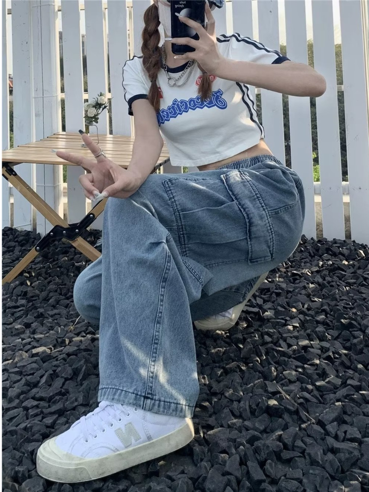 Vaqueros de pierna recta de estilo Retro para mujer, diseño de nicho, pantalones de pierna ancha sueltos y con múltiples bolsillos para pantalones vaqueros de mujer