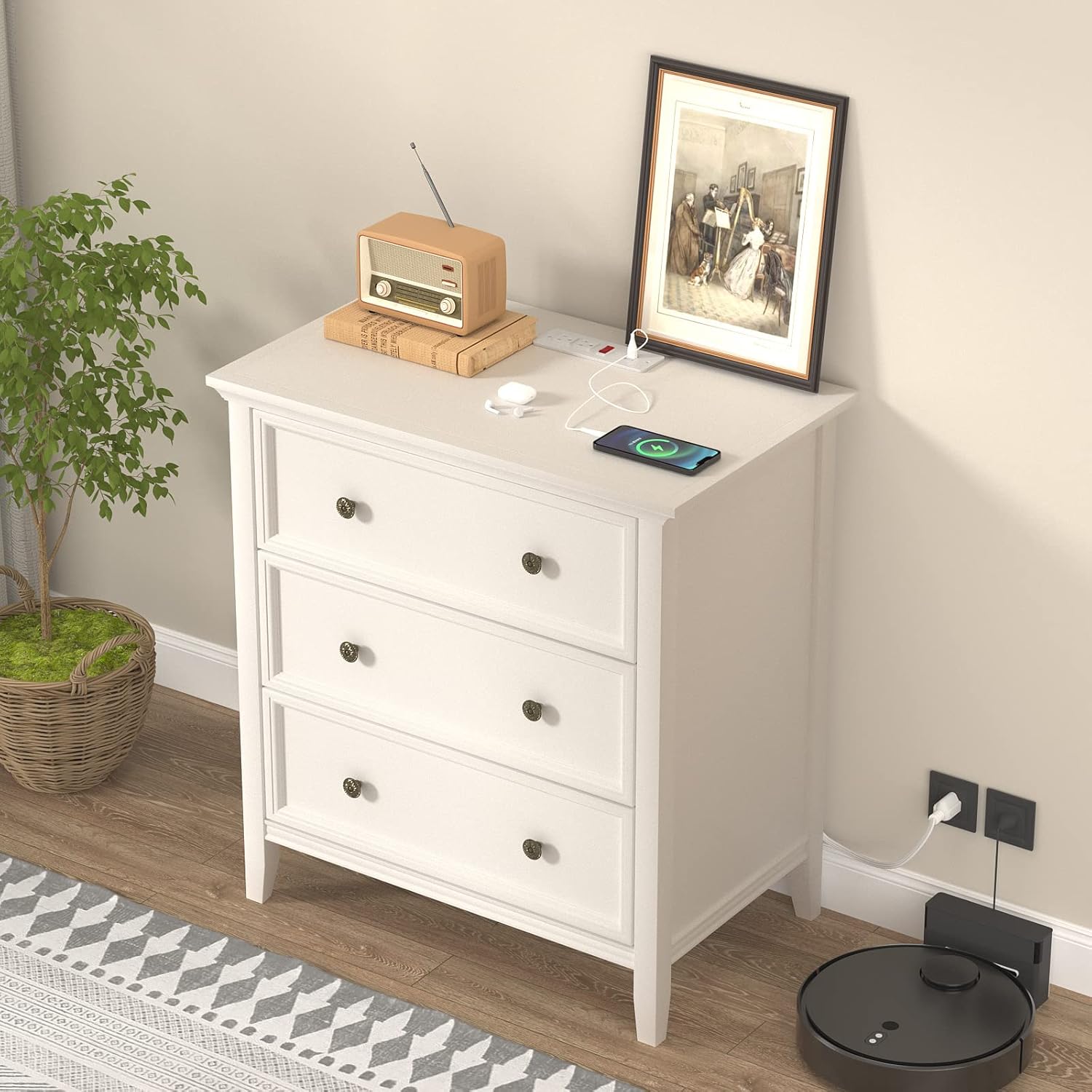 Nightstand with 3 Drawers and Charging Station, Solid Wood Dresser Organizer for Bedroom