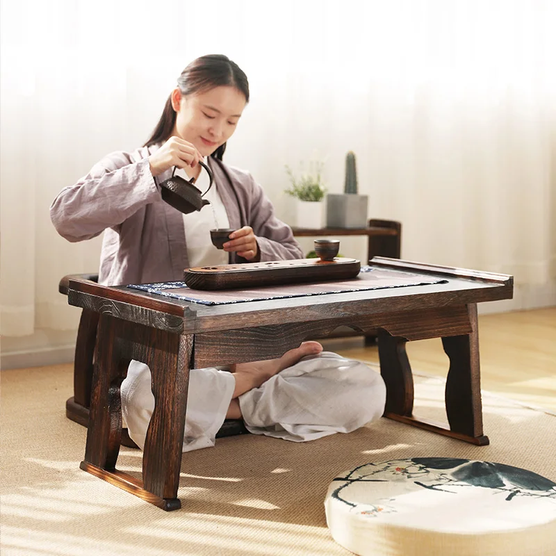 Mesa dobrável para computador, mesa de colo de madeira maciça com mesa de estudo minimalista portátil para espaço pequeno, mesa de chá tradicional de piso baixo