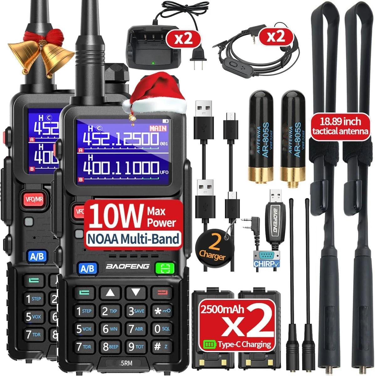 BAOFENG Ham Radio 5RM 10W Radios de mano Radio táctica bidireccional recargable de largo alcance más frecuencia de copia 2500 mAh Walkie