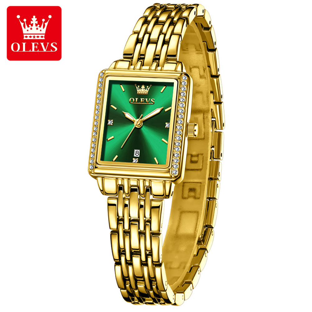 OLEVS, relojes para mujer, moda dorada, verde, acero inoxidable, reloj de pulsera de cuarzo resistente al agua, regalo romántico para novia