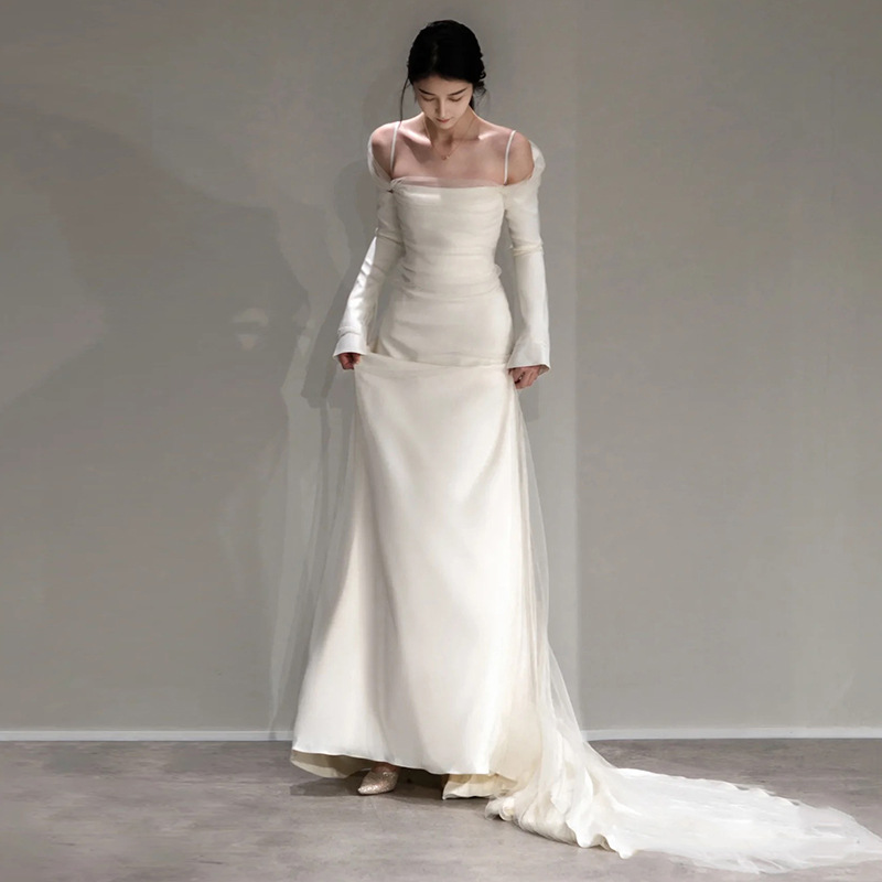 Robe de mariée légère à manches longues, princesse sirène à longue queue, simple et élégante, hors de l'initiative, quelle que soit CasTrio