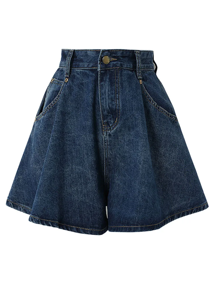 S-4XL Celana Pendek Denim สำหรับผู้หญิง2023ฤดูร้อนสีน้ำเงินเข้มขากว้างเอวสูงกางเกงยีนส์หลวมกางเกงขาสั้น Femal Solid All-Match กางเกงครึ่ง