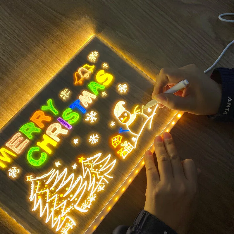 라이트 업 아크릴 메시지 보드 재기록 가능한 DIY 어린이 빛나는 드로잉 보드 메시지 램프 7 개의 다채로운 펜