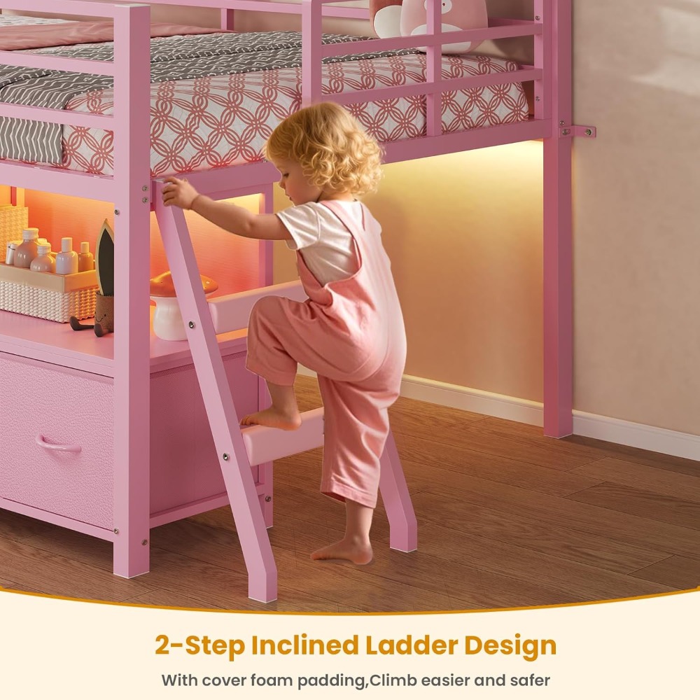 Low Loft Bed Twin Size with 7 Storage Drawers, Bookcase and LED Lights, Metal Kids Loft Bed with 14 H Safety Guardrail,