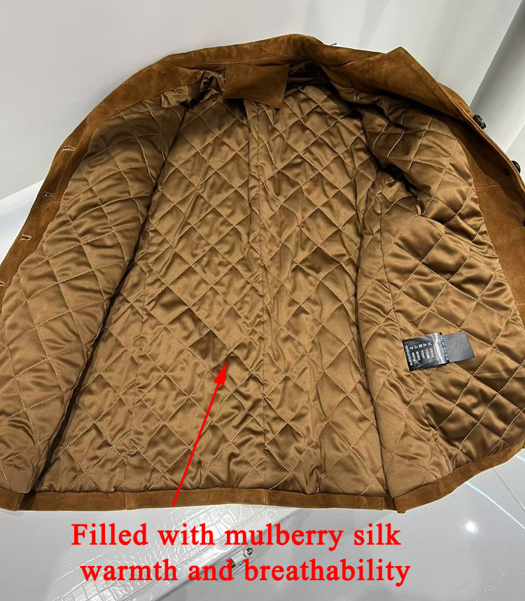 Luxury High-end Kid Suede Leather Jacket for Women Winter Pockets Slimming Coat Filled With Mulberry Silk Deep Coffee Warm Veste
