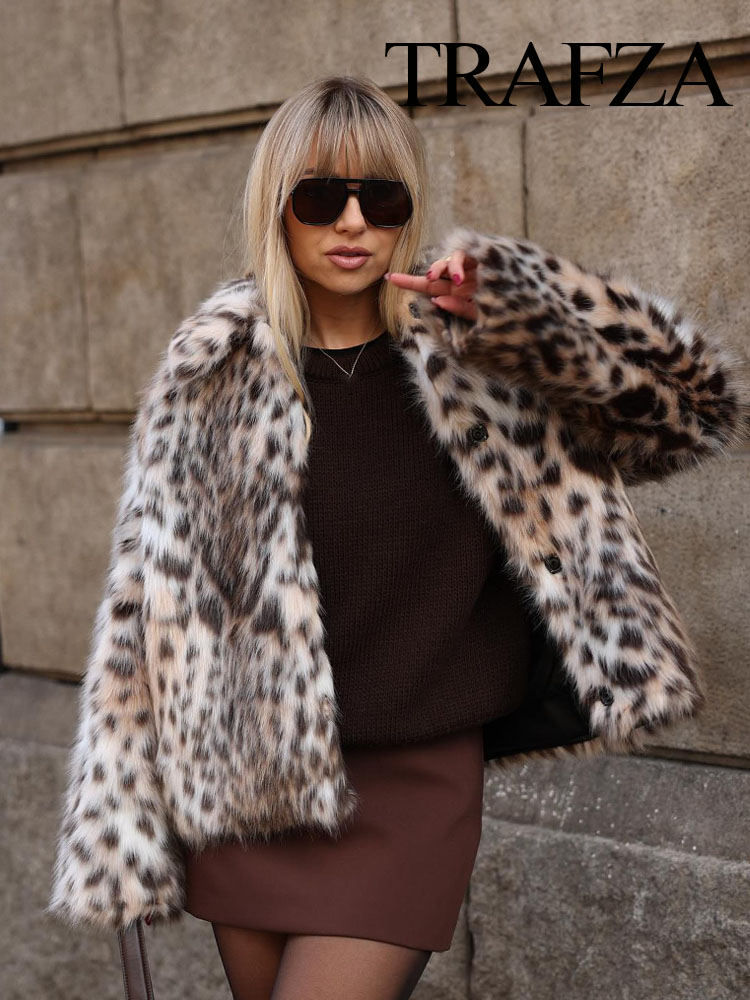 Trafza-女性用ヒョウ柄フェイクファーコート、ルーズ、スリム、ウォーム、エレガントなラペル、長袖、サイドポケット、カジュアル、冬