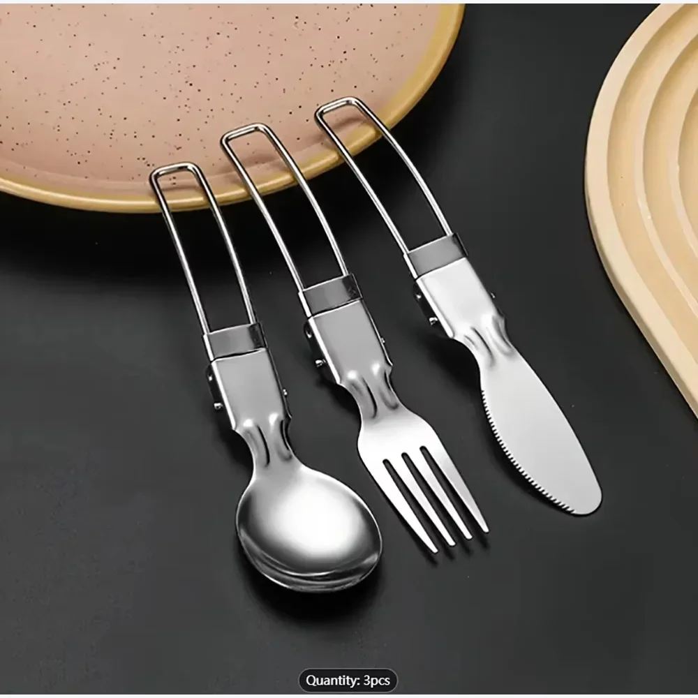 3 pz/1 set portatile campeggio esterno viaggio picnic pieghevole set di posate in acciaio inossidabile cucchiaio forchetta coltello stoviglie da viaggio all'aperto