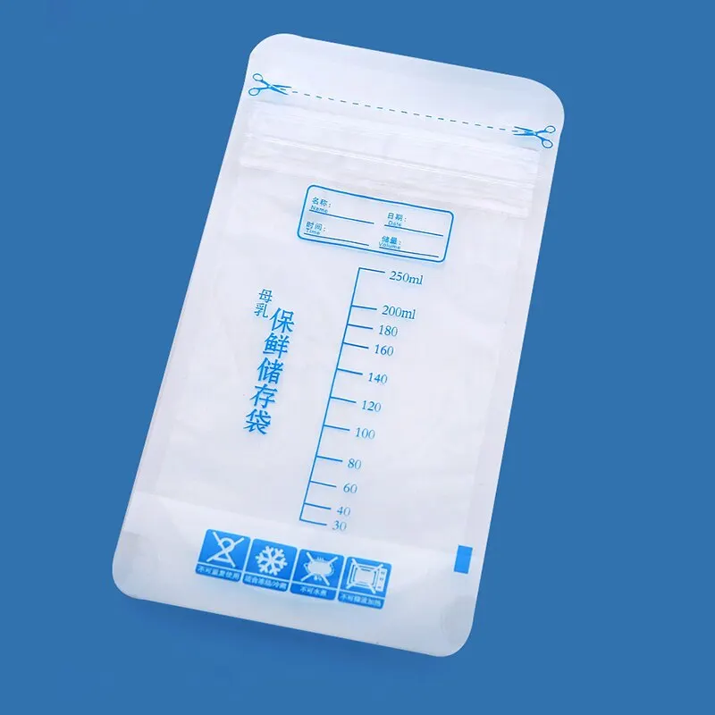 Saco de armazenamento de leite materno com 250ml, recipientes autônomos para armazenamento de alimentos para bebês, sem vazamento, sacos para freezer de leite, alimentação segura, sem bpa, 30 peças