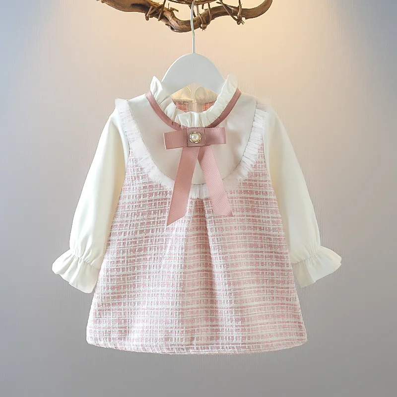 Mädchen Langarm Rock niedlich lose Kleid Oberbekleidung Frühling neue koreanische Stil Kleidung Kinder lässig Mode Rundhals Schleife Rock
