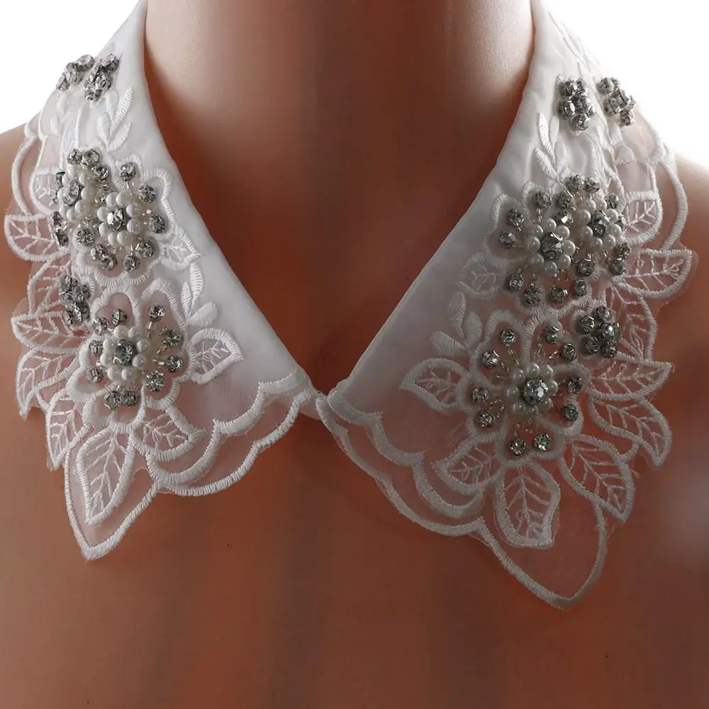 Negro/blanco mujeres flor hojas de perlas algodón cuello falso camisas collares encaje escote falso