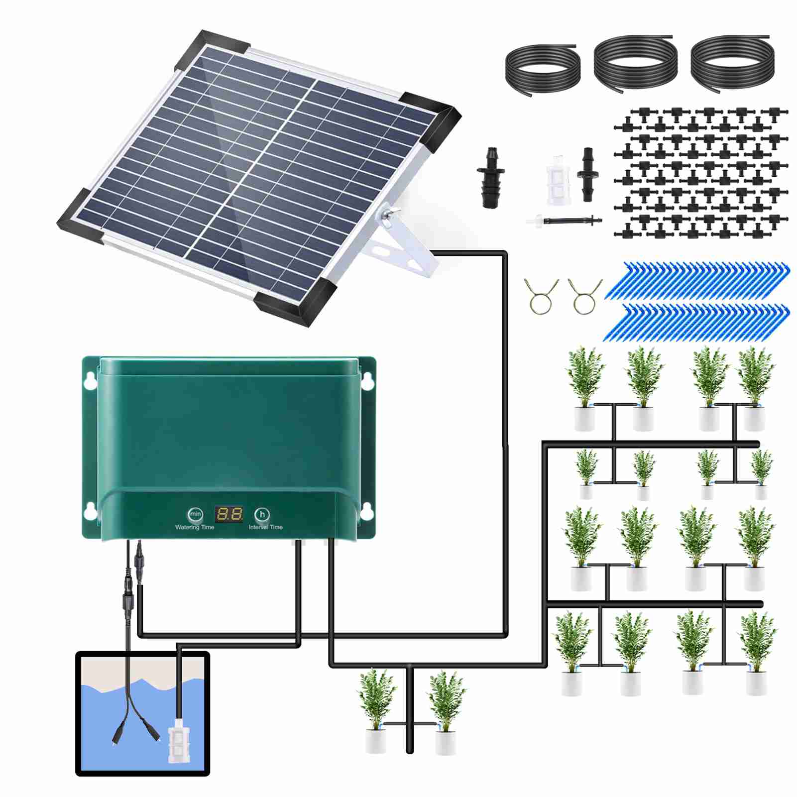 Kit de irrigação por gotejamento automático solar, sistema de irrigação automática para jardim, 7 modos de temporização, 30 modos de rega