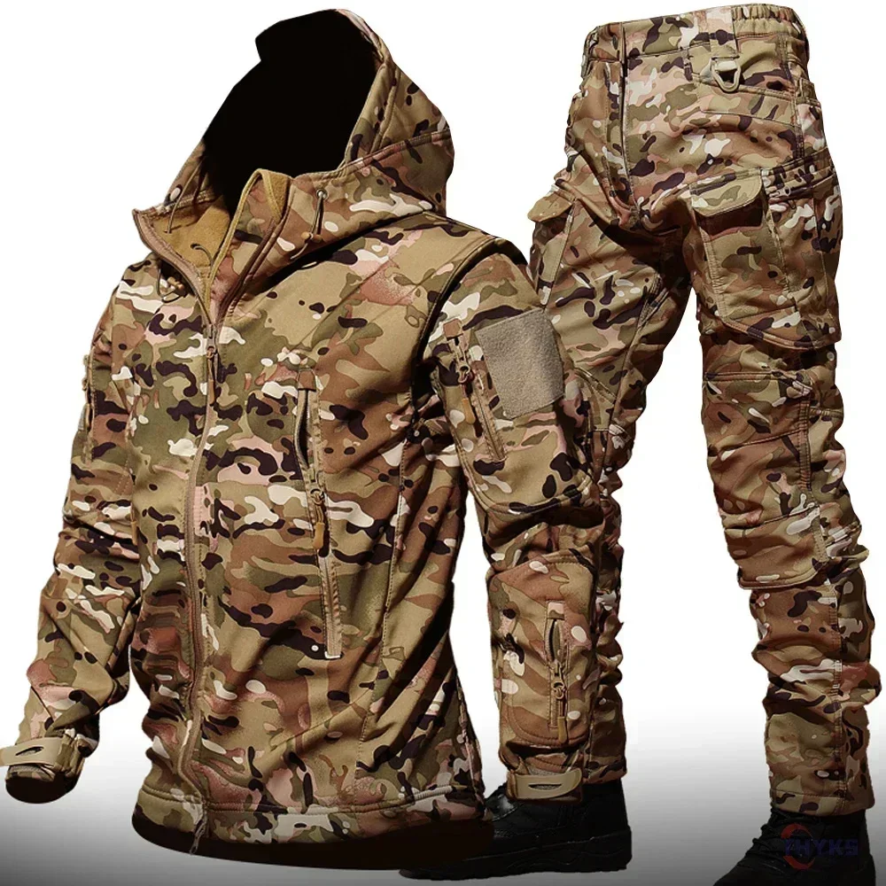 6xl tad tático masculino caça caminhadas pesca explorar roupas terno camuflagem pele de tubarão caça à prova dwaterproof água com capuz jaqueta + calças