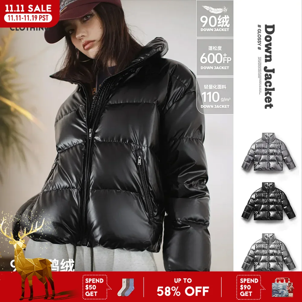 Maden casual brilhante 90% pato branco para baixo jaqueta curta gola alta quente puffer jaqueta para mulher outono e inverno casaco engrossado