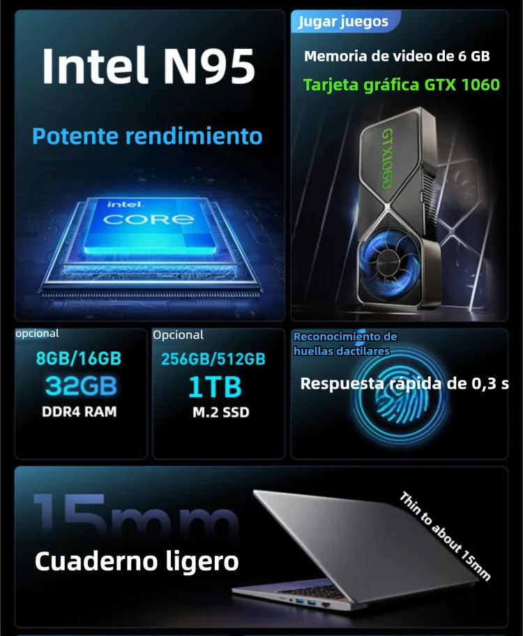 15,6 "intel N95 gtx1060 portátiles para juegos ordenador portátil pc 32GB DDR4 1TB SSD portátil Gamer Windows11 teclado retroiluminado