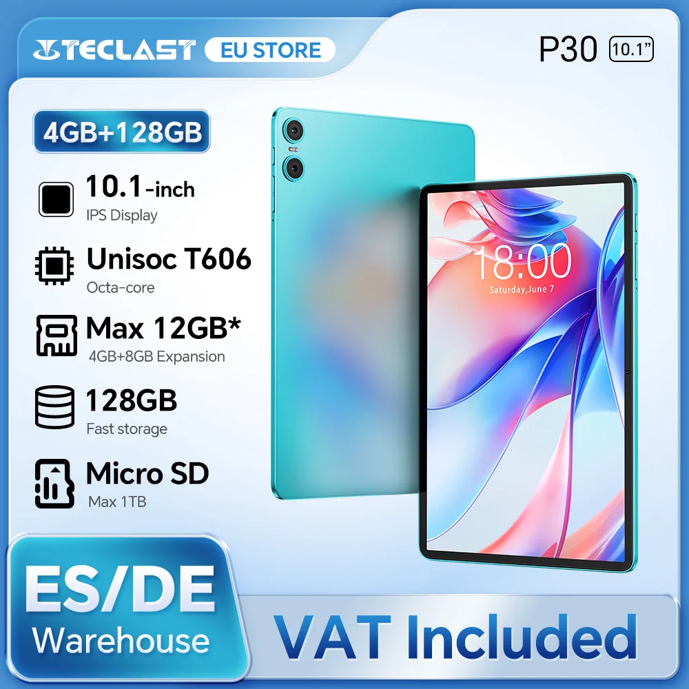 Teclast P30 Android 14 Tableta de 10.1 "IPS, MAX 12GB RAM, 128GB ROM, UNISOC T606 Octa-core, tipo C, Jack de 3.5 mm, WideVine L1