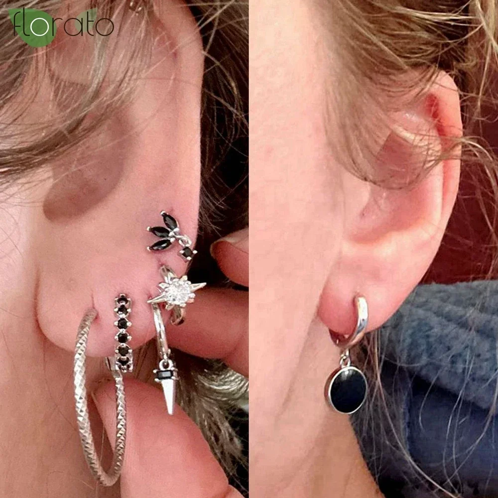 925 เงินสเตอร์ลิงเข็มแฟชั่นสีดําZirconจี้ต่างหูใหม่รอบ/Crossต่างหูห่วงขนาดเล็กสําหรับผู้หญิงเครื่องประดับเจาะ
