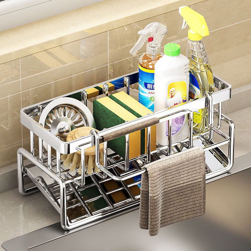 Étagère de cuisine en acier inoxydable, égouttoir à éponge, égouttoir d'évier, fournitures de vaisselle, rangement de torchons, égouttoir