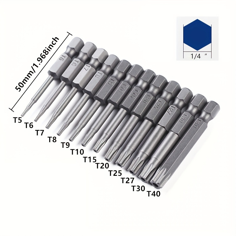 12 pièces 50mm 1/4 trou de tige hexagonale jeu d'embouts Torx de sécurité-T5-T40 inclus!
