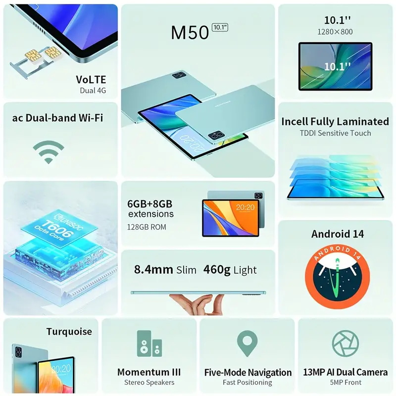Teclast M50 10,1 Zoll TDDI Incell x 800 Android 14 Tablet (6 + 6) 12 GB RAM GB ROM Unisoc T606 8-Core Dual SIM 4G Handyhülle