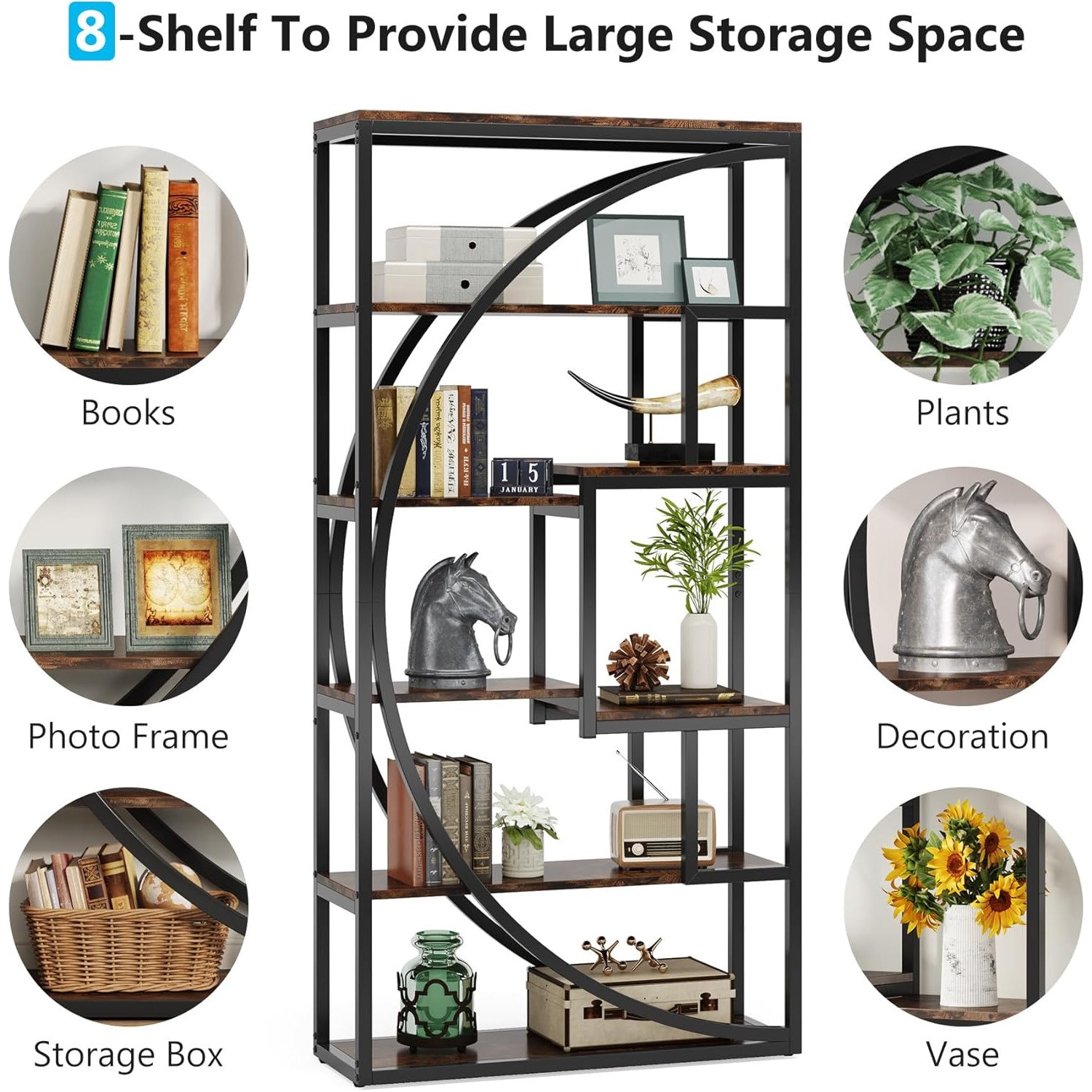 Bookshelf, 5-Tier Etagere Bookcase, 70.8 inch Tall Bookshelf with 8 Open Storage Shelf for Home Office Living Room, Rustic Brown