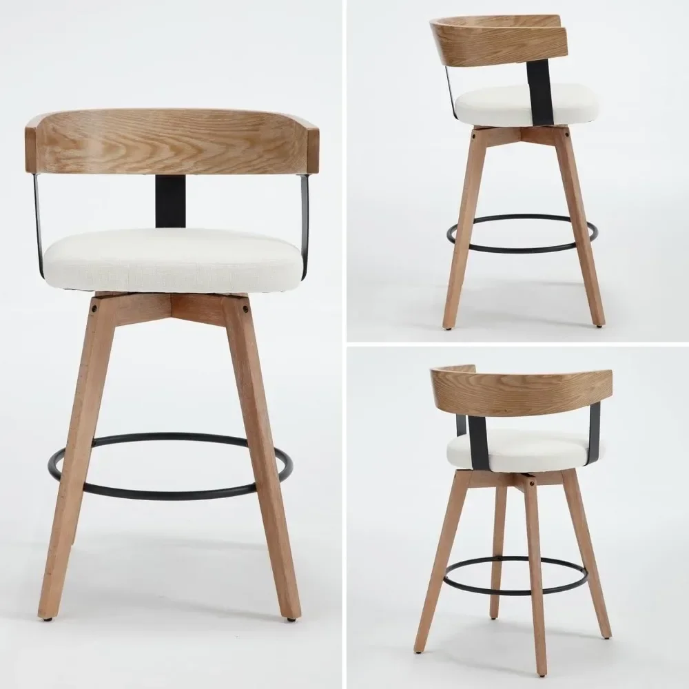 Bar Stools Set of 3 26" Counter Height Bar Stool with Footrest - Modern Wood Barstools with Linen Upholstered Seat, Bar Stools
