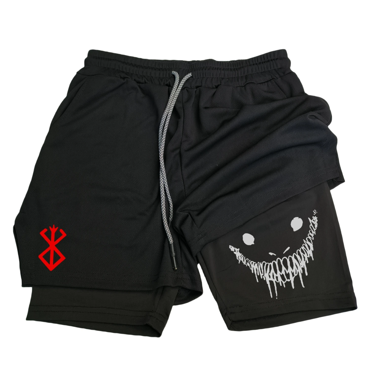 Pantalones cortos deportivos 2 en 1 para hombre, pantalones cortos de secado rápido para entrenamiento de gimnasia y Fitness, entrenamiento, trote, doble cubierta, Anime Berserk de verano