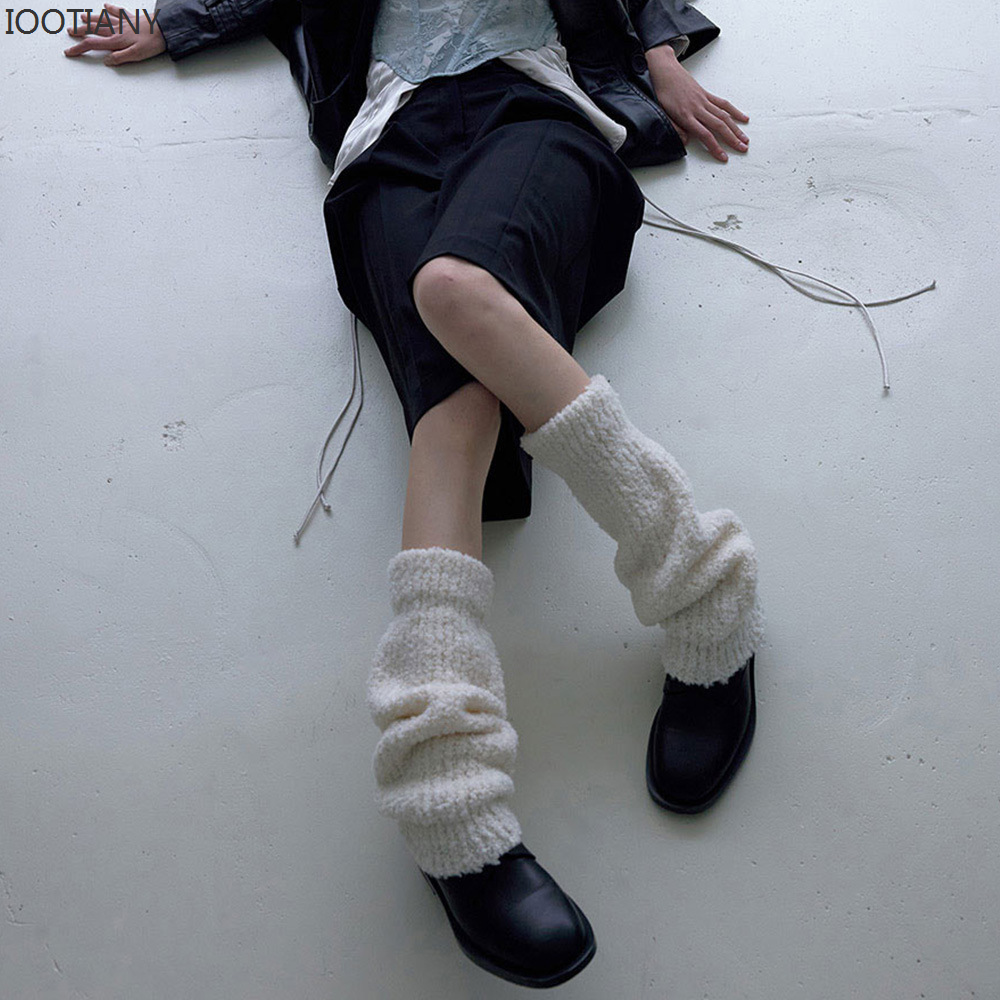 New Winter Solid Color High-Top Single-Needle Socks Wool Blended Knitted Pile Socks Unisex Wear Woolen Wide-Leg Covers