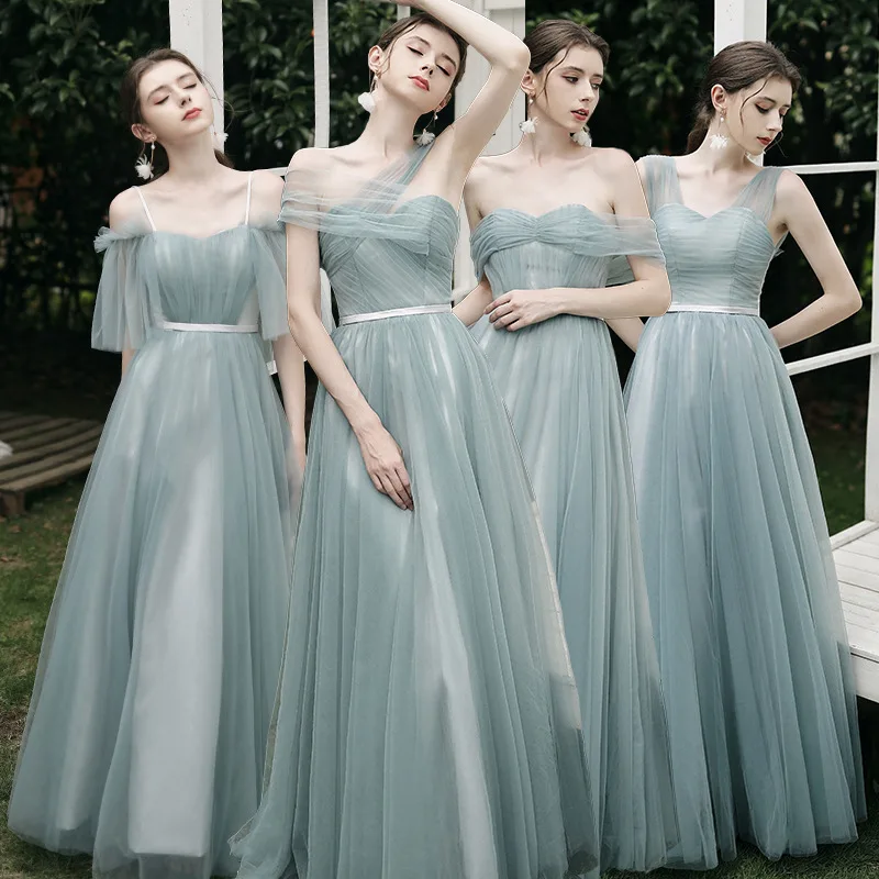 Vestido de Madrinha Longo de Tule 2024 Novo Modelo F para Casamento, Performance, Formatura, Estilo Coreano, Cor Pura