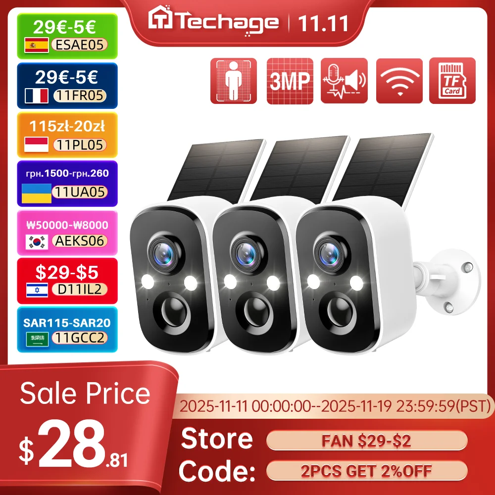Techage 3MP Wireless Solar Battery IP Camera Outdoor Security WiFi PIR Camera Two Way Audio Human Detection Support Alex