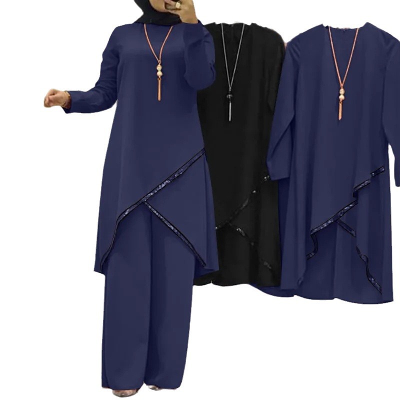 Frauen Eid Musulman Ensemble Muslimischen Sets Solide Blusen Breite Bein Hosen Ramadan Marokko Zwei Stücke Dubai Kaftan Lose Modest